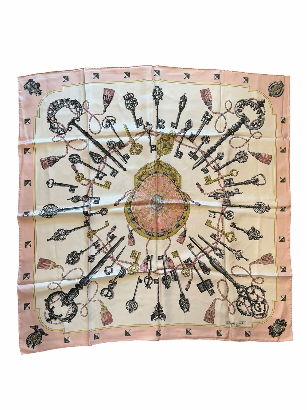 Hermes Pink and Cream Silk Key-Print Scarf
